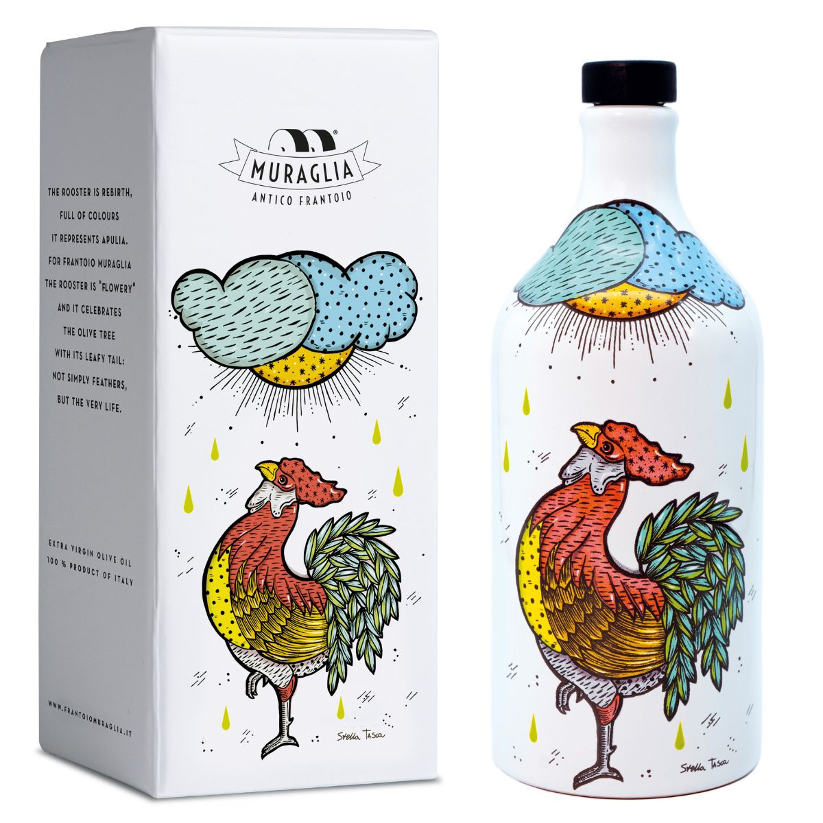 Italian extra virgin olive oil in ceramic gift box "Rooster" in bottle "Muraglia INTENSE FRUITY" 500 ml (intensely fruity)