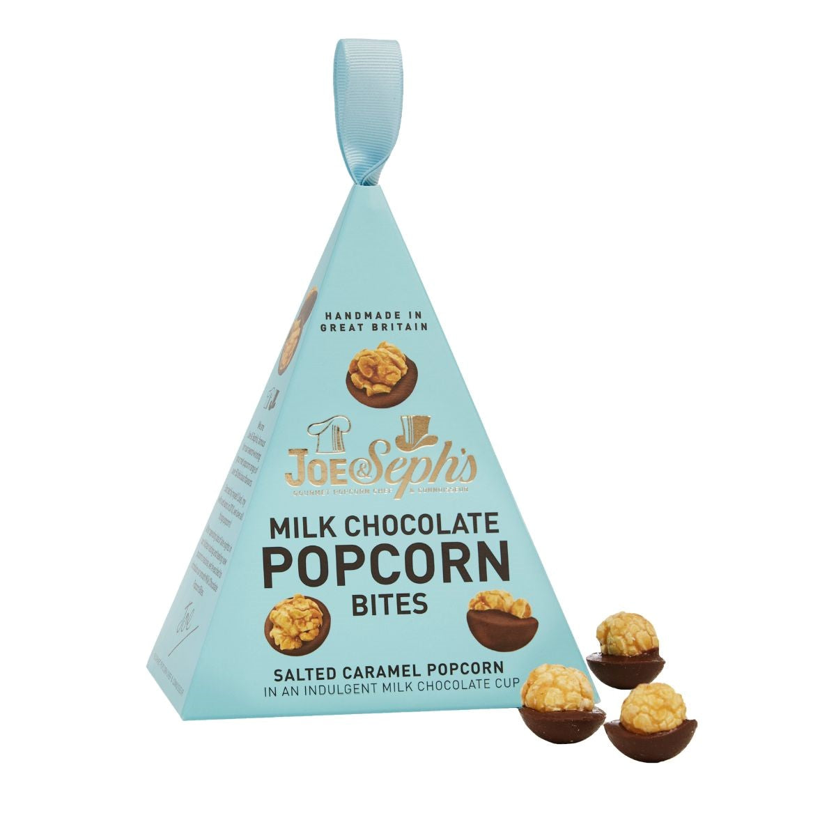 Joe&Sephs mjölkchoklad popcorn snacks i hängande PYRAMID förpackning 45g