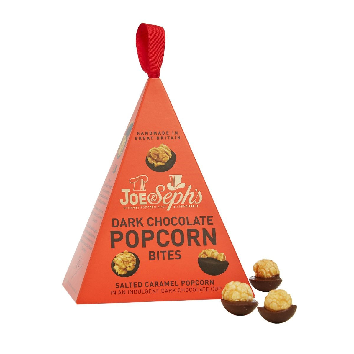 Joe&Sephs mörk choklad popcorn snacks i hängande PYRAMID förpackning 45g