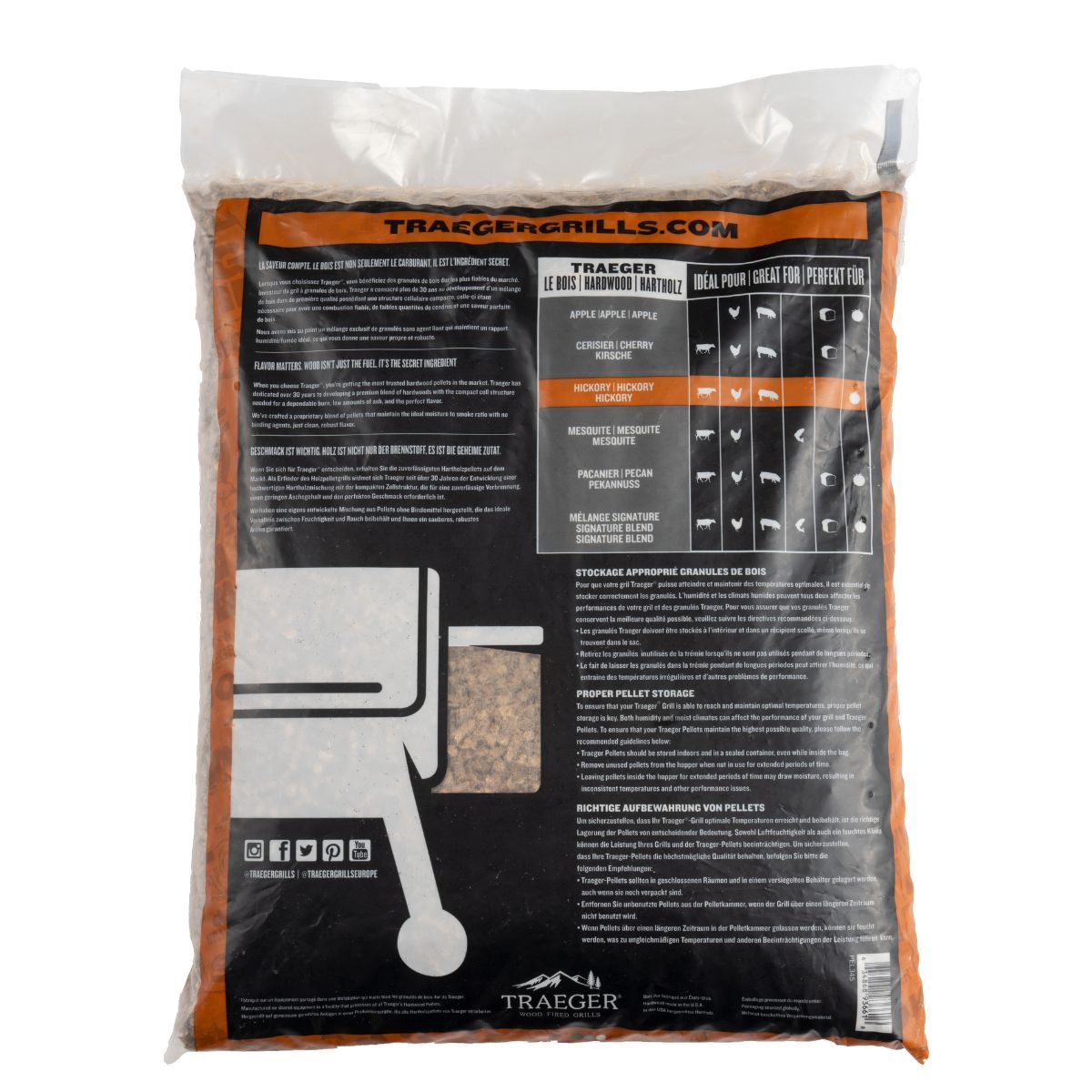 TRAEGER FSC HICKORY träpellets för rökare 9 kg