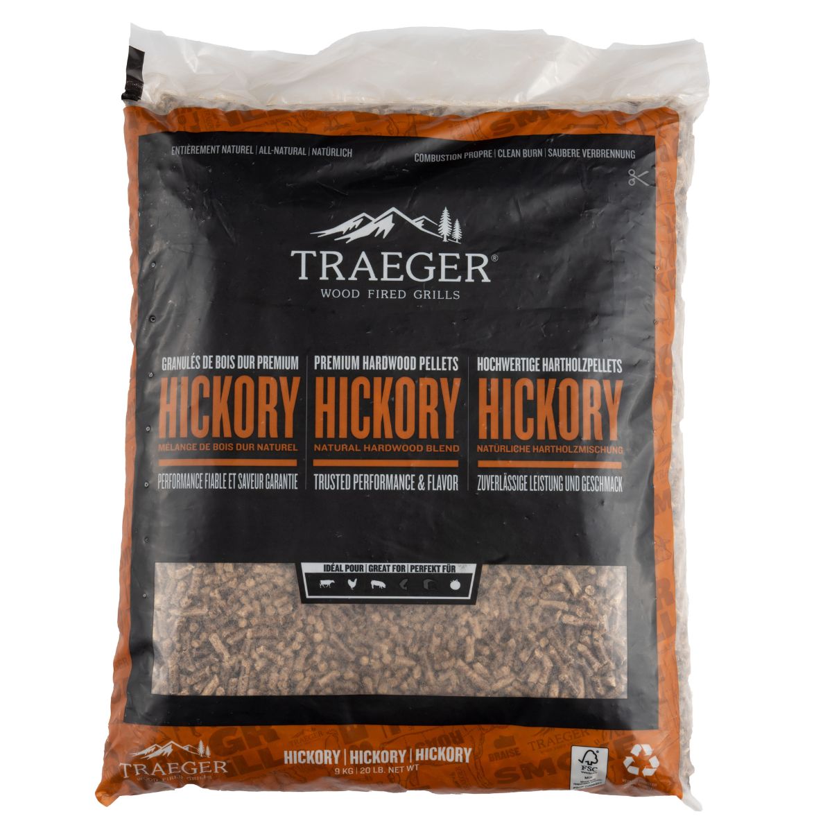 TRAEGER FSC HICKORY träpellets för rökare 9 kg